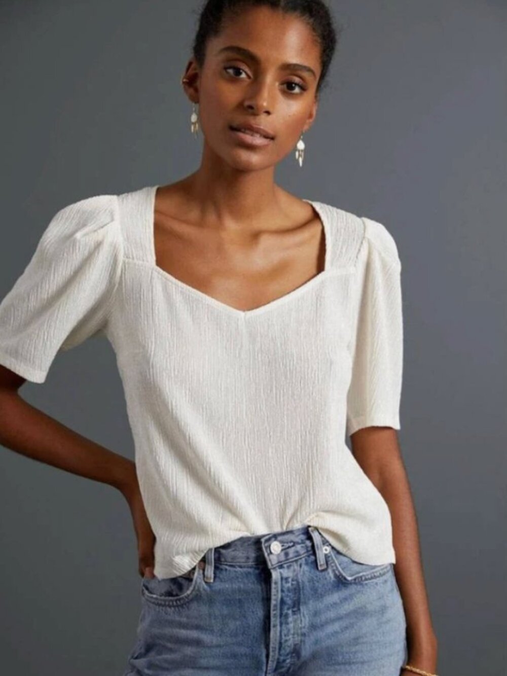 Sunday In Brooklyn | Anthropologie Bow-Back Puff-Sleeved Top in Cream | Size 2X